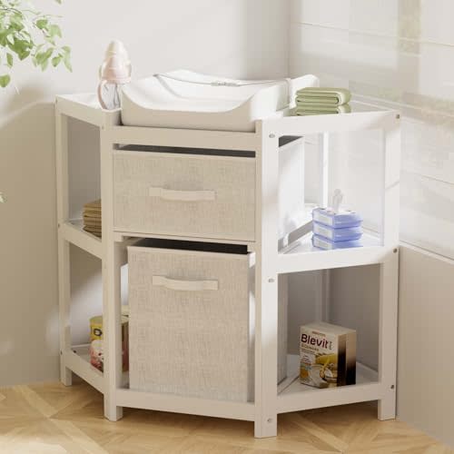 YUFU Baby Corner Changing Table with Storage Drawers, Portable Diaper Changing Station with Baby Changing Pad, Modern Wood Changing Table Dresser for Infants and Toddlers (White)