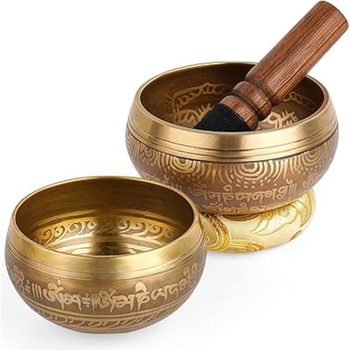 2-Pack Tibetan Singing Bowls Set - 100% Handmade in Nepal, Sound Bowl Meditation Set for Yoga, Chakra Healing, Meditation Gifts, Unique Gifts for Women (Yellow, 3.15 + 4 inch)