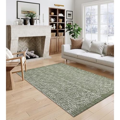 LEEVAN Washable Area Rug 4x6, Hand-Woven Cotton Living Room Rug, Green Braided Bedroom Rug, Farmhouse Indoor/Outdoor Floor Carpet for Patio, Nursery, Office, Playroom, Dining Room