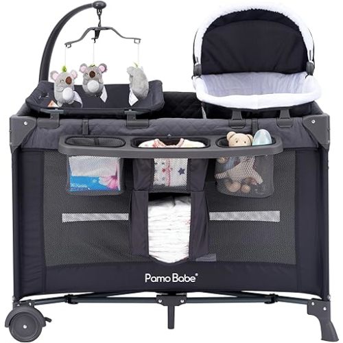 Pamo babe Portable Crib for Baby, 4 in 1 Baby Nursery Center, Baby Playard with Changing Table, Bassinet and Mattress Pad