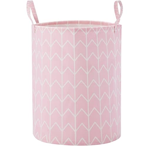 TECHMILLY Large Storage Basket for Girls and Boys, Collapsible Laundry Hamper with Long Handles, Toy Bins for Nursery, Kids Room Décor Pink Geometry