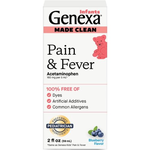 Genexa Infants’ Clean Pain & Fever Acetaminophen, Dye Free, 0% Artificial Additives, Delicious Organic Blueberry Flavor, Liquid Oral Suspension Medicine for Baby, 160 mg per 5mL, 2 fl oz