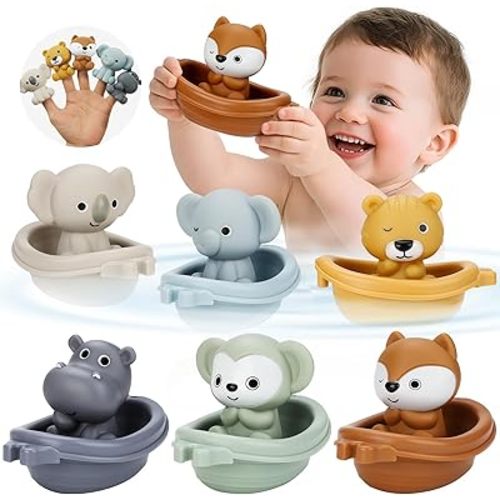 Bath Toys Float Boats for Kids Ages 18M+,Stackable Floaty Boat,Silicone Animal Finger Puppets,Toddler Toys Gifts for 2-4 Year Old