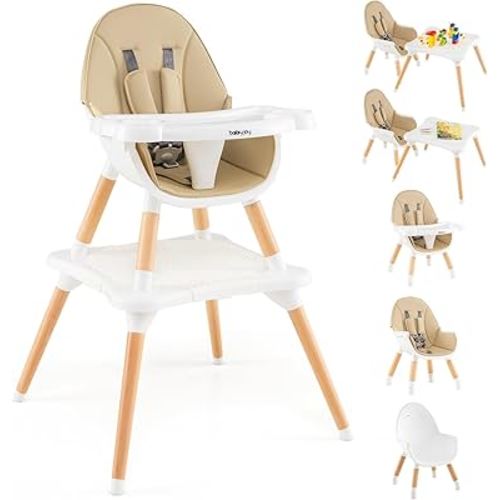 BABY JOY 6 in 1 High Chair, Convertible High Chairs for Babies and Toddlers/Booster Seat/Table and Chair Set, Infant Wooden Highchair w/ 5-Point Harness, 4-Position Removable Tray & PU Cushion (Khaki)