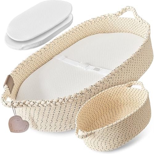 XL Reinforced Baby Changing Basket Set w/Matching Diaper Caddy, Comfy Pad & Extra Waterproof Bamboo Jacquard Cover, Reinforced Cotton Rope Moses Baskets for Newborn