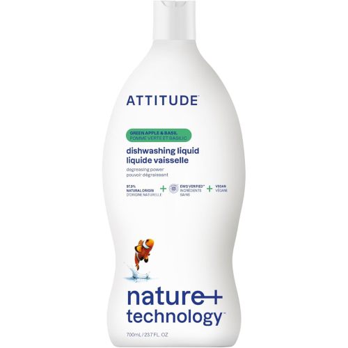 ATTITUDE Dishwashing Liquid, EWG Verified, Vegan Dish Soap, Plant Based, Naturally Derived Products, Green Apple and Basil, 23.7 Fl Oz