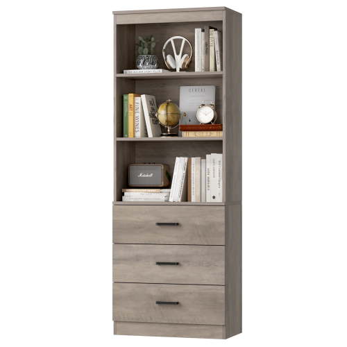 Homfa 71" Tall Bookcases with 3 Large Drawers, 3 Tier Wooden Storage Bookshelf for Living Room Home Office, Ash Grey