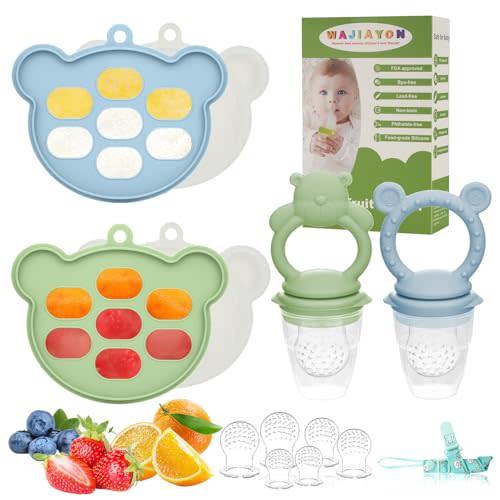 Baby Breastmilk Popsicle Molds & Baby Fruit Feeder (6 Pack), WAJIAYON Baby Food Freezer Tray Storage Containers, Silicone Teething Pacifier Feeder and Teether for Babies,Moss and Fawn Baby Feeder