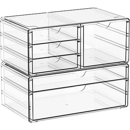 Yieach 2 Pack Acrylic Drawer Organizer With 6 Drawers,Stackable 11.1” Large Clear Storage Drawers and Makeup Organizer For Vanity,Bathroom Countertop,Cabinet,Pantry,Office Supply Storage Bins Drawers