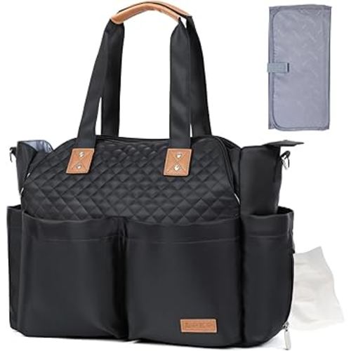 Lekebaby Diaper Bag Tote for Baby - 17 Pockets Large Travel Diaper Tote with Portable Changing Pad, Mom Crossbody Hospital Bag for Labor Delivery, Waterproof, Baby Essentials for Newborn Gifts, Black