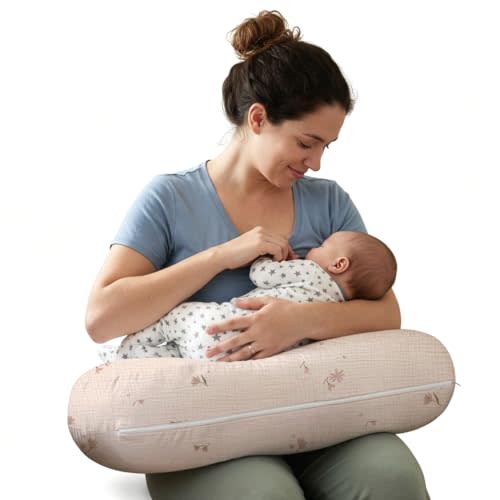 Little Grape Land Nursing Pillow, Soft 100% Cotton Breastfeeding Pillow with Breathable Muslin Cotton Removable Cover, Fog Flower Breast Feeding Pillows for Babies 0-12 Months with Protective Zipper