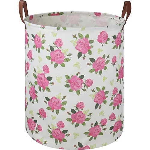 19.7" Pink Flower Laundry Basket,Kids Dirty Clothes Laundry Hamper,Waterproof Toys Storage Bin for Girls,Room Decor,Gift Baskets,Baby Nursery Hamper(Rose)