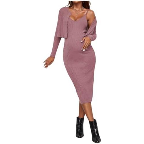Verdusa Women's Maternity 2 Piece Rib Knit V Neck Long Cami Bodycon Dress and Long Sleeve Cardigan