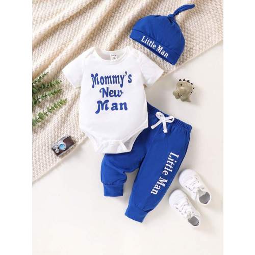 Baby Boys Cute Letter Print Hooded Bodysuit With Pants, Spring/Summer | SHEIN USA