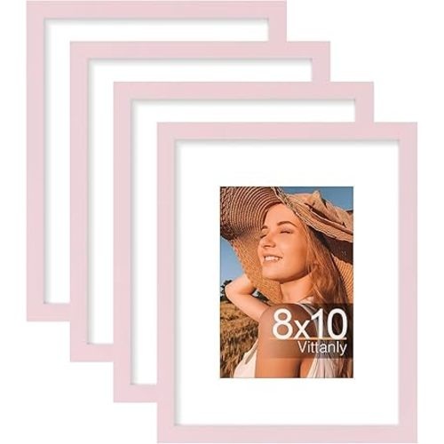 Vittanly 8x10 Picture Frame Set of 4, Display Pictures 5x7 with Mat or 8x10 without Mat, Gallery Wall Frame Set for Wall or Tabletop Display, Engineered Wood with Shatter Resistant Plexiglass, Pink