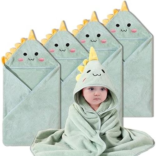 kmilro Baby Hooded Towels 4 Pack Unisex Bath Essentials 31.5x31.5 in Coral Fleece Super Soft Absorbent Baby Towels Newborn Necessities Gift Baby Stuff Towel with Hood for Boy, Girl, Babies, Toddlers