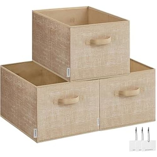 SONGMICS Storage Baskets, Set of 3 Fabric Storage Bins, 15.7 x 11.8 x 9.5 Inches, Foldable Closet Organizer for Shelves, 2 Handles, Label Holders, for Bedroom, Living Room, Sand Beige UROB440K01