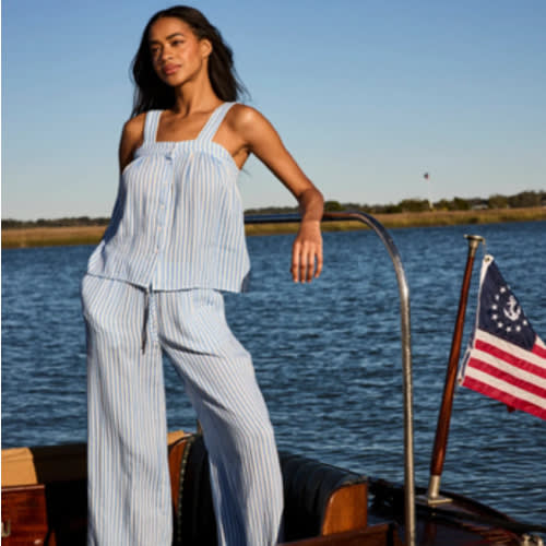 LAKE | Women | Cotton Pajamas | Sail Blue Awning Stripe Hamptons Pants