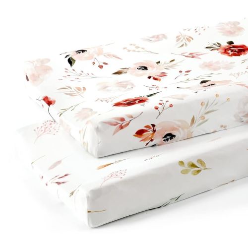 GRSSDER Stretch Ultra Soft Jersey Knit Changing Pad Cover Set 2 Pack, Change Table Pad Covers Fit 32"/34" x 16" Pads Safe and Snug, Pretty Watercolor Rose Flora for Baby Girls, Orange Pink