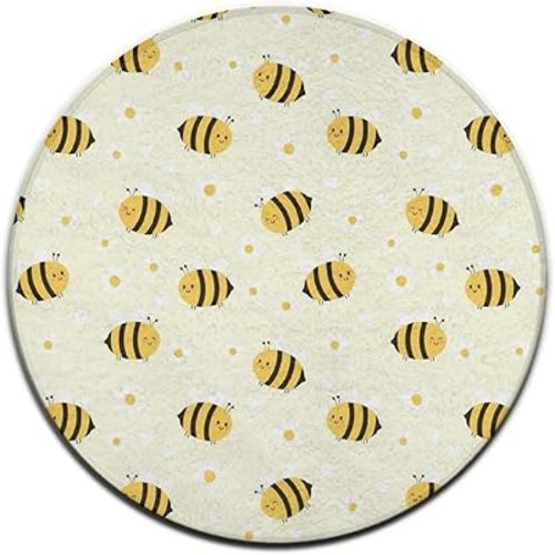 Soft Round Area Rug Cute Honeybee Bee Light Yellow for Bedroom, Circle Rug for Nursery Room, Carpet Floor Mat for Living Room, Dorm Home Decor, Easy to Clean