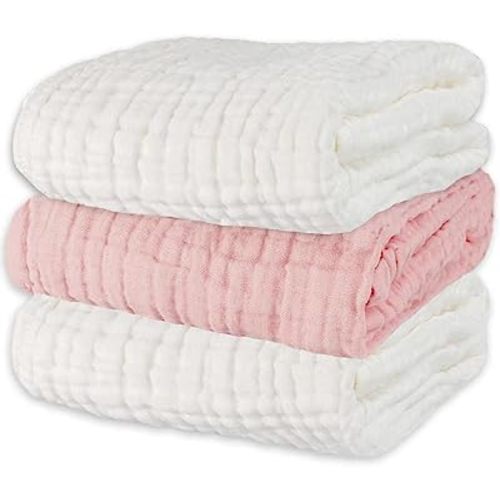 Baby Towels Muslin Bath Towel 3Pack Infant Towels for Newborn Boy Girl 6 Layers Ultra Soft Cotton Toddler Towels for Baby's Delicate Skin 40x 40 Inch (White & Pink)
