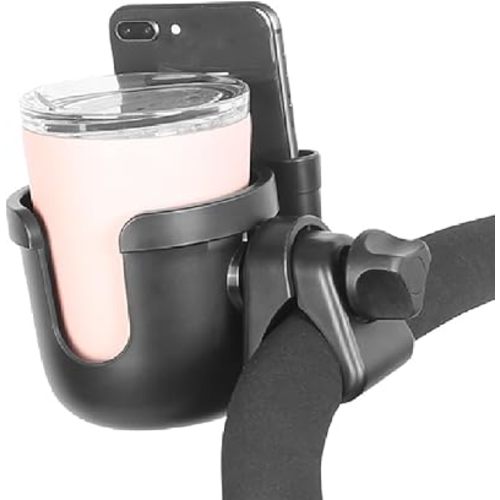 Stroller Cup Holder with Phone Holder, 2-in-1 Universal Cup Holder Attachment for Doona Uppababy Nuna Strollers Walker Bike Wheelchair, 360° Rotatable Drink Bottle Doona Trike Accessories