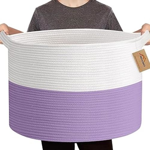 Large Purple Rope Storage Basket, 22x14 Inches Wicker Woven Baskets for Storage, Baby Laundry Hamper, Towel Blanket Toy Bin Organizer, Purple Living Room Decor, Big Basket for Gifts Empty