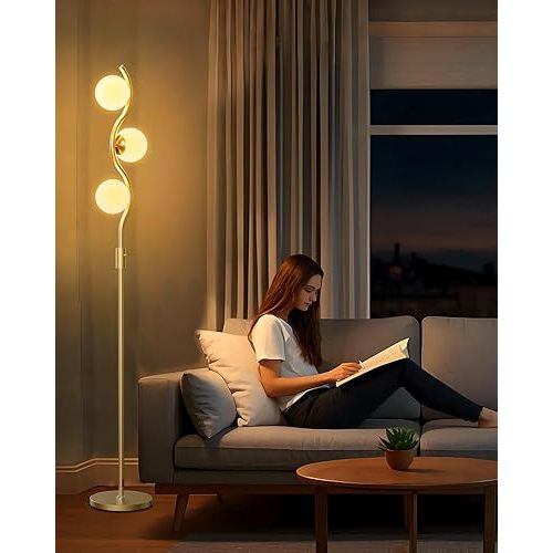 Lightdot 60IN 3-Globe Dimmable Gold Floor Lamp Mid Century Standing Lamps with 3Pcs 3000K Soft Warm White G9 Bulbs Stepless Brightness Adjustable Modern Tall Lamp for Bedroom Office