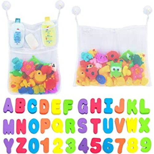 Comfylife 2 x Mesh Bath Toy Organizer + 6 Ultra Strong Hooks + 36 Bath Letters & Numbers – Eco-Safe, Fun, Educational Foam Baby Bath Letters and Perfect Toy Storage Net for Baby Bath Toys & More