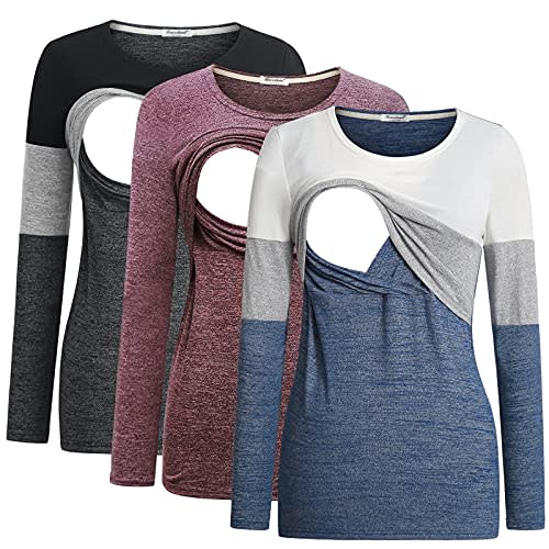 Bearsland Women's 3 Packs Maternity Clothes Long Sleeves Breastfeeding Shirts Nursing Top