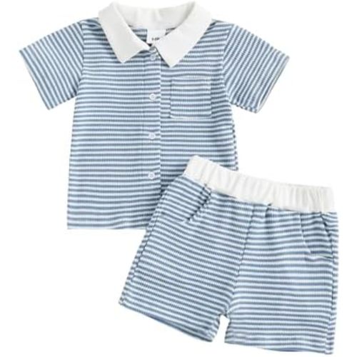fhutpw Baby Toddler Boy Clothes Striped Button Down Shirt Tops + Elastic Waist Shorts Infant Boys Summer Outfits 2PCS Sets