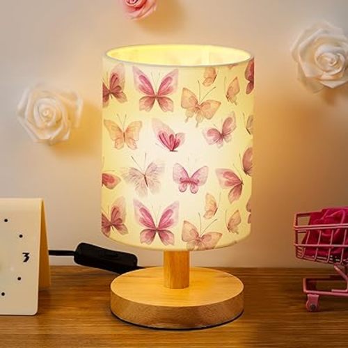 VIHOSE Butterfly Table Lamp for Bedroom Kids Bedside Lamp with Linen Wooden Nightstand Lamp Cartoon Nursery Lamp Lampshade for Girls Boys Living Room
