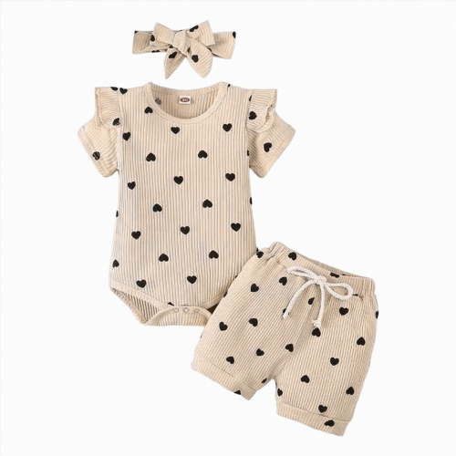 TOWED22 Infant Baby Girl Clothes Romper 3 Piece Sets + Floral Shorts + Headband Ruffle Trim Elastic Waist Summer Outfits Set(Beige,3-6 M)