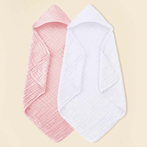 Muslin Hooded Ba-by Bath Towels - 2 Pack 100% Cotton Towel for Ba-bies, Inf-ants, Tod-dlers - 35x35Inch - Highly Absorbent and New-born Essential, Gray pink, brown