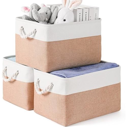 Storage Bins 3 Pack, Fabric Storage Basket for Collapsible Medium Canvas Storage Baskets for Organizing Shelf Nursery Home Closet . (White&Blue-3PCS) (White&Pink-3PCS)