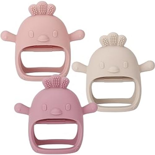 Socub 3 Pack Silicone Baby Teether Toys for Infants 3+ Months, BPA Free Anti-Drop Silicone Mitten Teething Toy for Soothing Sore Gums, Baby Chew Toys for Sucking Needs, Rose Pink,Dark Pink,Beige