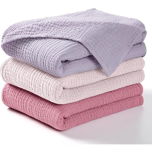 lulumoon Muslin Swaddle Blanket Baby - Cotton Swaddling Blanket Soft Baby Receiving Blanket Neutral 3Pack(Pink+Purple)