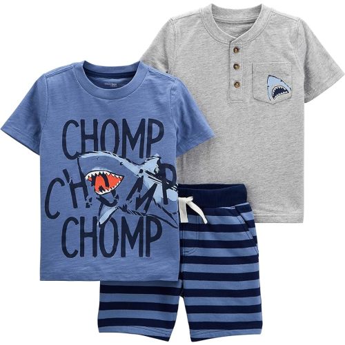Simple Joys by Carter's Toddlers and Baby Boys' 3-Piece Playwear Set - 18 Months - Blue Chomp/Grey Shark/Stripe