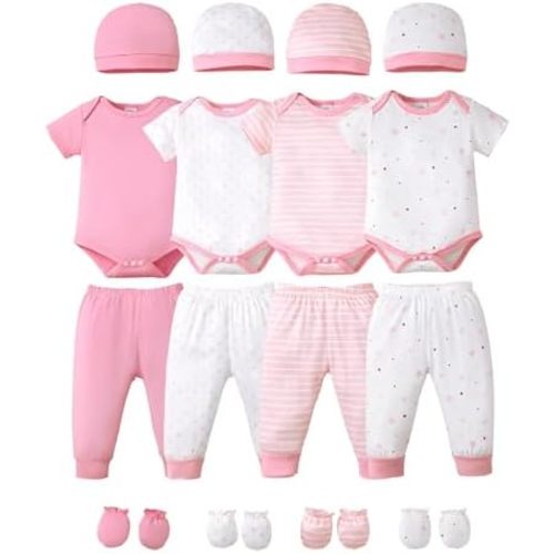 NZRVAWS Newborn Baby Boy Girl Clothes Unisex Infant Romper Pants Set Hat 4-Pack Outfits 0-12 Months 16 Pieces Toddler