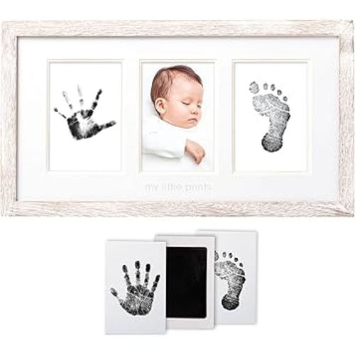 Pearhead My Little Prints Newborn Handprint & Footprint Frame Kit - No Mess Clean Touch Ink Pad, Gender-Neutral Keepsake, Ideal Shower Gift, Nursery Decor, Distressed Wood