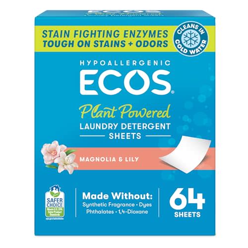 ECOS Laundry Detergent Sheets Vegan, No Plastic Jug, No Mess & Liquid Free - Laundry Sheets in Washer - Hypoallergenic, Plant Powered Laundry Detergent Sheets - Magnolia & Lily - 64 Sheets (Pack of 1)