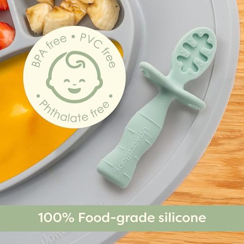 Upward Baby 3 pack Silicone Baby Feeding Spoon with Anti Choke Barrier - Baby Spoons Self Feeding 6 Months - First Stage Infant Supplies and Toddler Utensils