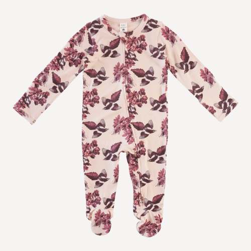 long sleeve zipper footie | berry magpie floral | bamboo
