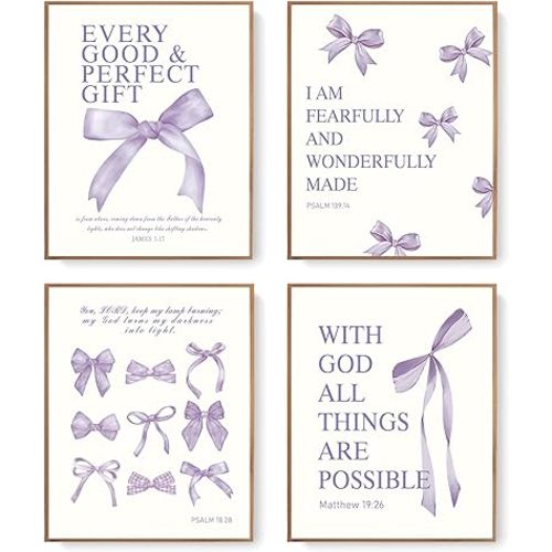 LARTSFRO Coquette Purple Bow Bible Wall Art Decor Poster, Bow Bathroom Decor, Bow Wall Art, Bow Room Decor, Aesthetic Teen Girl Living Room Bathroom Decor, Trendy Gifts for Women Teens Teen Girls, 8x10 Inch Set of 4 Unframed