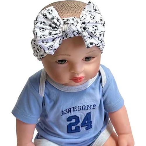 Baby Baseball Headband with Bow Sport Soccer Headband Bowknot Wide Hair Band Football Hair Bow for Toddler Infant TSFD55 (White Soccer Pattern)