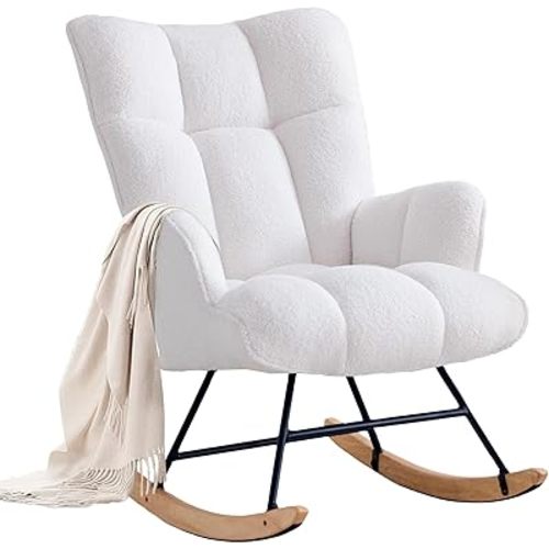 Rocking Chair Nursery Teddy Upholstered Glider Rocker Rocking Accent Chair Padded Seat with High Backrest Armchair Comfy Side Chair for Living Room Bedroom Offices (White Teddy)