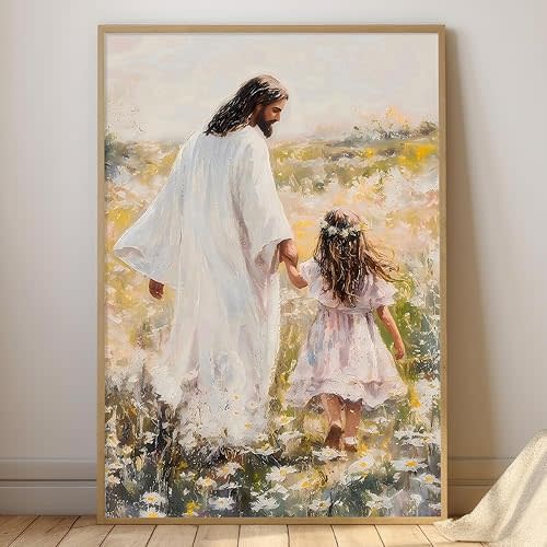 Jesus Christ with Children Wall Art Jesus Walking with Little Girl Painting Child of God Poster Christian Faith Wall Art Jesus with Children Poster Jesus Flower Painting for Girl Room 16x24in No Frame