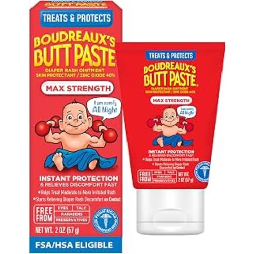 Boudreaux’s Butt Paste Max Strength Diaper Rash Cream for Baby, Ointment With Zinc Oxide, 2 oz Tube