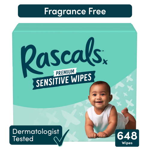 Rascals Fragrance Free Natural Aloe Sensitive Baby Wipes, 648 Count with 3 Inner Packs