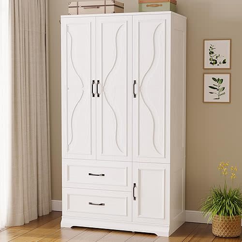 LIKIMIO Armoire Wardrobe Closet with 4 Doors and Drawers, Wardrobe Cabinet with Storage Shelves and Side Hooks, Clothing Storage Cabinet for Bedroom, White